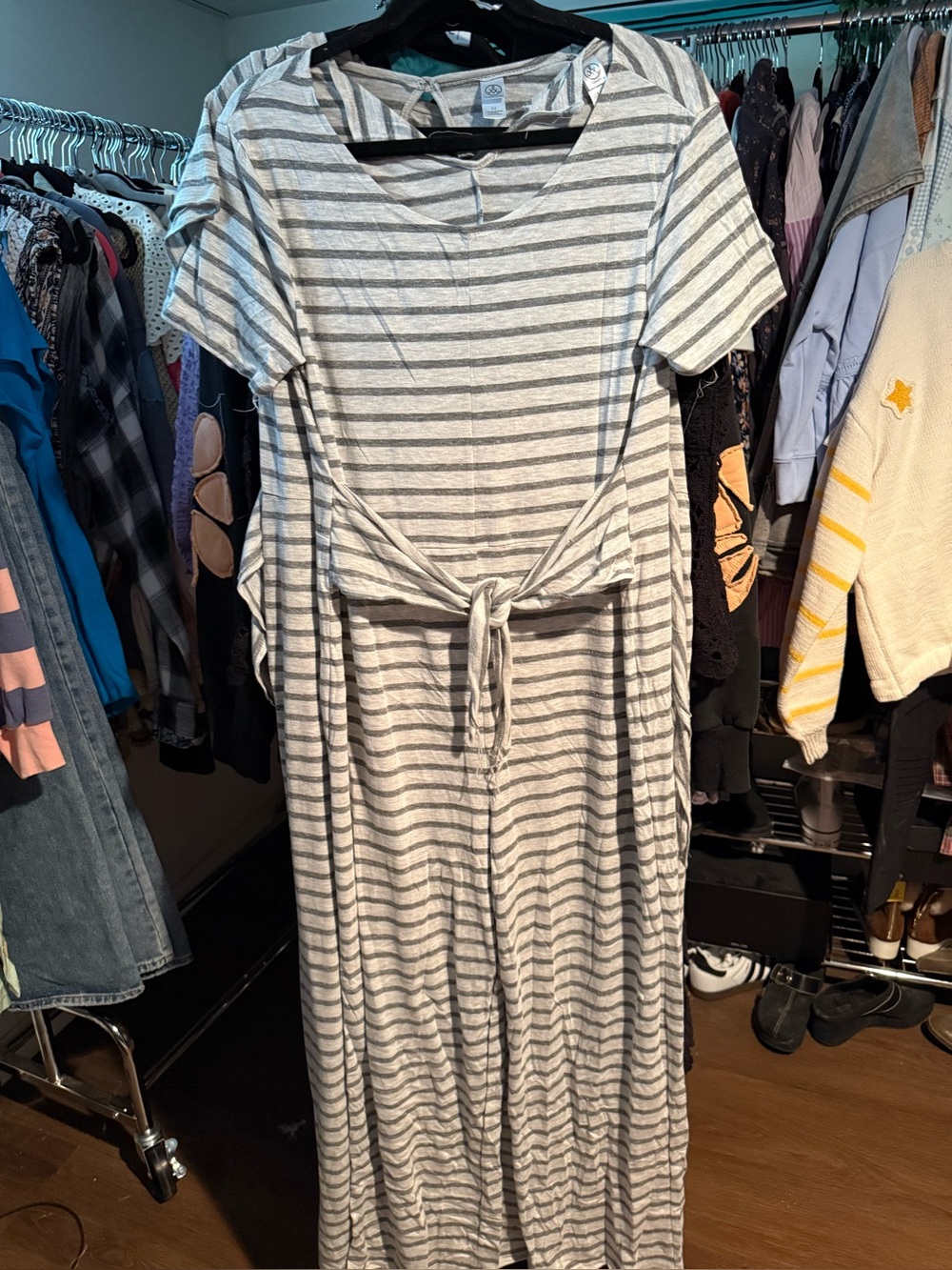 Striped Tie-Waist Jumpsuit - Gray